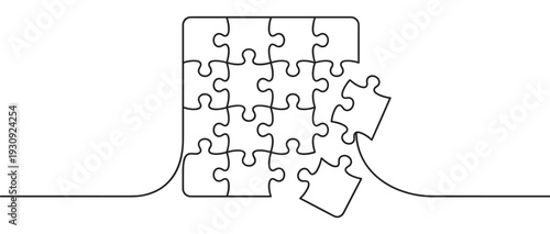 Jigsaw puzzle pieces forming an incomplete square, drawn with a single continuous line representing connection and problem-solving.
