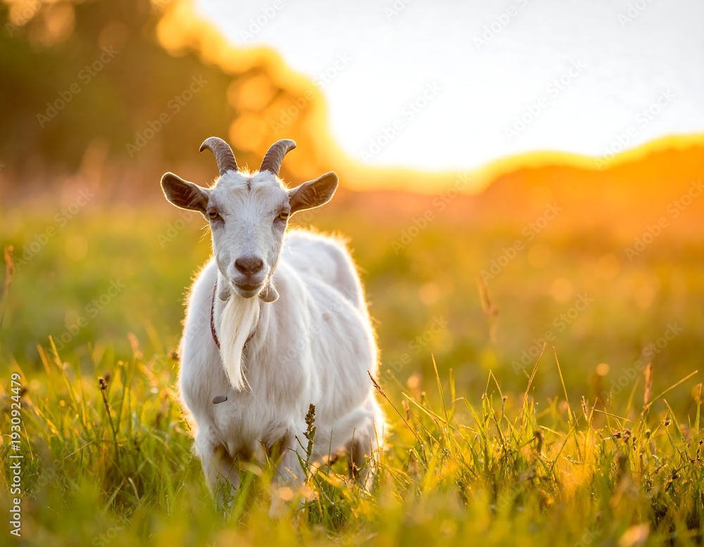 Obraz premium White goat stands in sunlit field, gazing forward with bright background