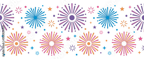 Colorful fireworks pattern border design with festive elements, perfect for celebrations, parties, and holiday decorations.