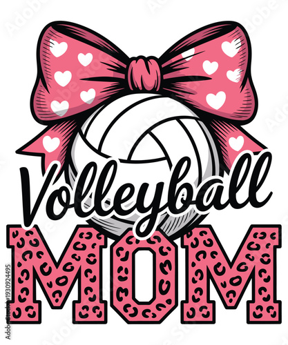 Volleyball mom badge with pink bow and leopard print vector illustration