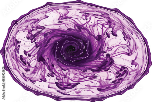 Purple ink spiral dissolves slowly within clear liquid forming a mesmerizing.