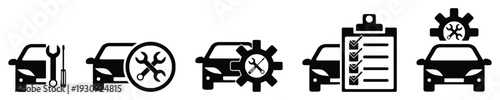 Collection of car repair and service icons representing maintenance, check-up, and diagnostics
