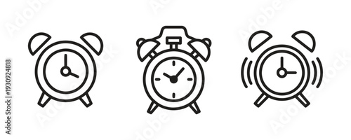 Classic alarm clock outline icons with ringing sound effects and time indicators