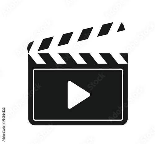 Clapperboard with play button symbol representing video production and filmmaking
