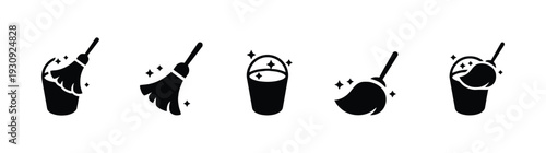 Cleaning icons set, broom and bucket with sparkles, symbol for cleanliness
