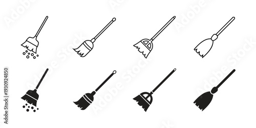 Cleaning broom icons set with various handle and brush head designs