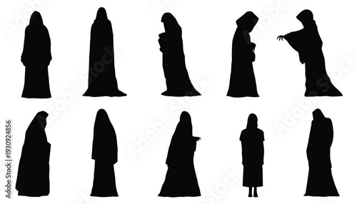 Cloaked figures silhouettes in mysterious poses, hooded characters