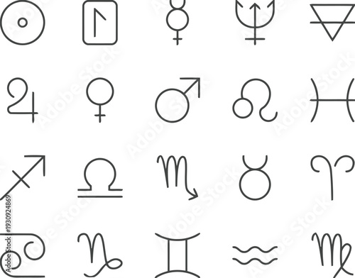 Collection of astrological symbols and zodiac signs on white background flat vector illustration