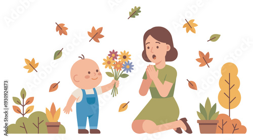 Little baby gives colorful flowers to surprised mother as a heartwarming gesture of love and appreciation in a charming autumn illustration.
