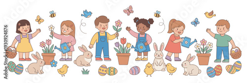Happy children playing with cute spring animals, colorful flowers, and Easter eggs in a joyful seasonal cartoon illustration.