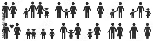 Collection of diverse family unit icons in various configurations, people group symbols