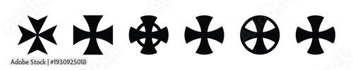 Collection of black cross symbols in various historical and religious styles