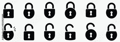 Collection of black padlocks icons representing security privacy and access control locked and unlocked states