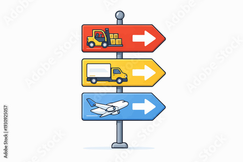 Logistics and transportation direction sign with forklift, truck, and airplane icons