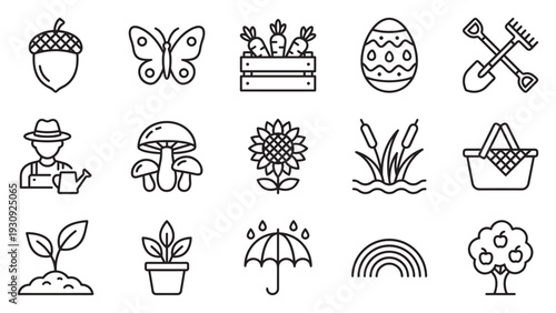 Collection of nature, gardening, and seasonal icons depicting various elements of outdoor life, plants, and weather in a simple line art style.