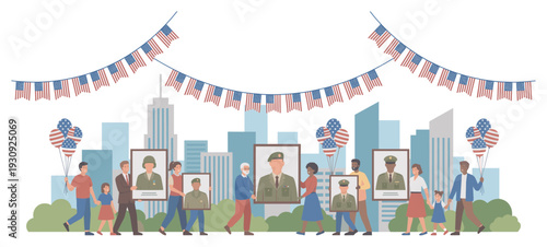Diverse people proudly carry portraits of military veterans, honoring their service and sacrifice with patriotic decorations.