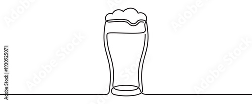 Refreshing beer glass with frothy foam is depicted in a minimalist continuous line art drawing style, perfect for various designs.