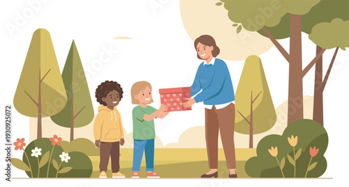 Adult woman gives two smiling children a heart-decorated gift box outdoors in a lovely natural park environment.