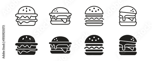 Collection of eight different hamburger icons outline and filled vector illustrations