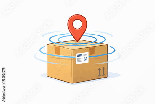 Package tracking concept with a map pin on a cardboard box and swirling lines