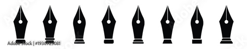 Collection of black fountain pen nibs icons on white background