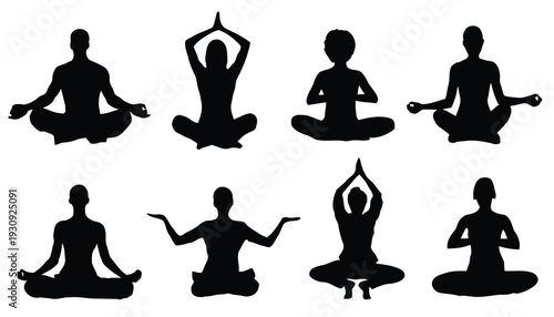 Collection of eight silhouettes of people meditating in various yoga poses