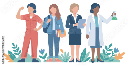 Four diverse women stand together representing various careers and roles, showcasing empowerment and professional achievement in modern society.