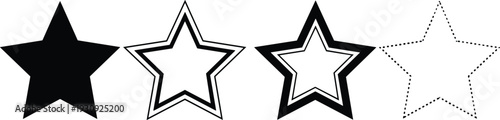 Set of four black minimalist star icons featuring solid silhouette, double outline, thick bold border, and thin dashed line styles on white background