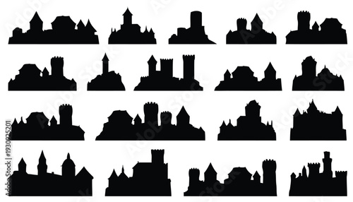 Collection of black silhouettes of medieval castles on white background