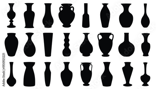Collection of black silhouettes of various vases and pots on white background, classic ceramic design for home decor