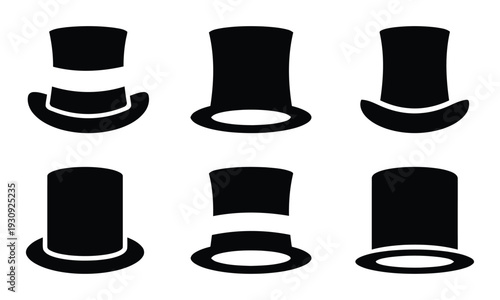 Collection of black top hats in various styles on white background