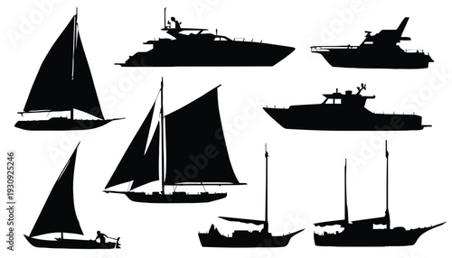 Collection of boat and yacht silhouettes on white background