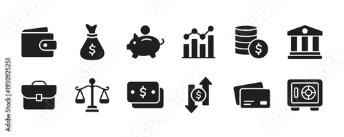 Collection of business and finance icons depicting money, banking, and security