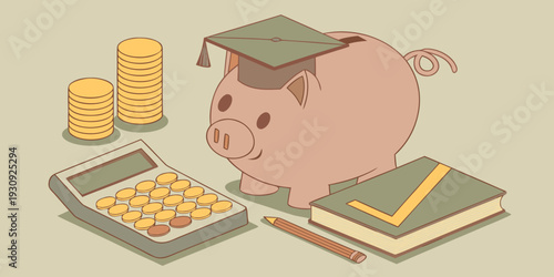 Education finance concept showing piggy bank with study materials and calculator symbolizing academic savings, school expenses management, and learning investment strategy.