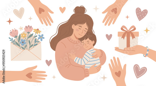 Mother and child hugging surrounded by loving hands offering gifts and heartfelt support, symbolizing family care and appreciation.