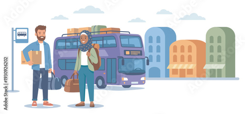 Diverse travelers waiting for a double-decker bus at a city bus stop with their luggage ready for an adventure.