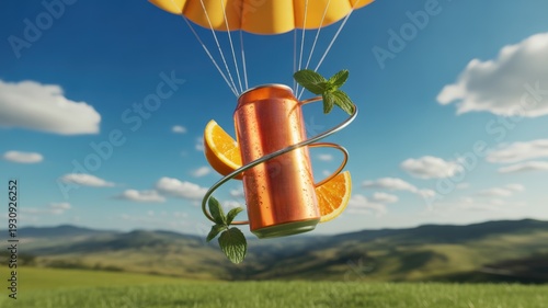 Floating Orange Soda Can with Parachute, Fresh Citrus Slices and Mint Spiral over Sunny Green Landscape ,Cold Carbonated Summer Beverage Advertising, Refreshing Drink Product Concept