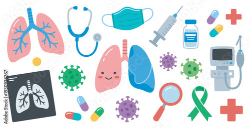 Medical health care and respiratory system elements are depicted as a colorful collection of essential icons for disease prevention and treatment.