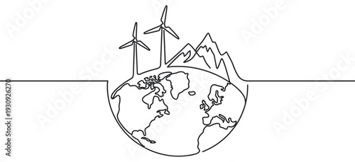 Earth globe with wind turbines and mountains in a continuous line drawing style symbolizing global sustainability and environmental protection.