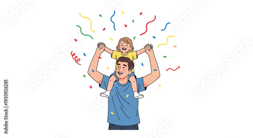 Vector illustration of a man carrying a child on his shoulders with confetti