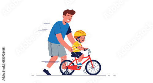 Vector illustration of a man helping a child ride a bicycle