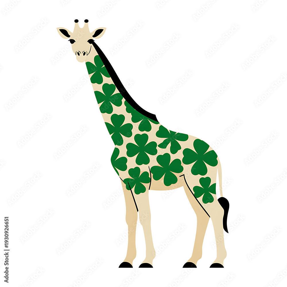Naklejka premium Cartoon giraffe with green clover spots standing isolated on transparent background illustration transparent background