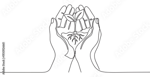Continuous line drawing of hands holding a small plant with roots, illustrating concepts of nature and sustainability.