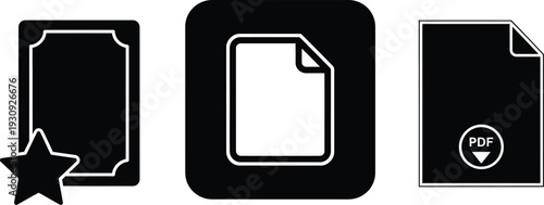 Collection of black and white document icons with star and download symbols