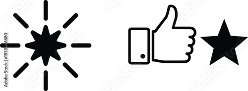 Black and white icons of explosion thumbs up and star