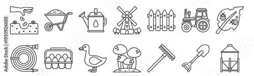 Set of 14 agriculture and farming thin line icons including seeding, water hose, wheelbarrow, eggs, duck, windmill, mushroom, rake. Editable stroke vector outline style