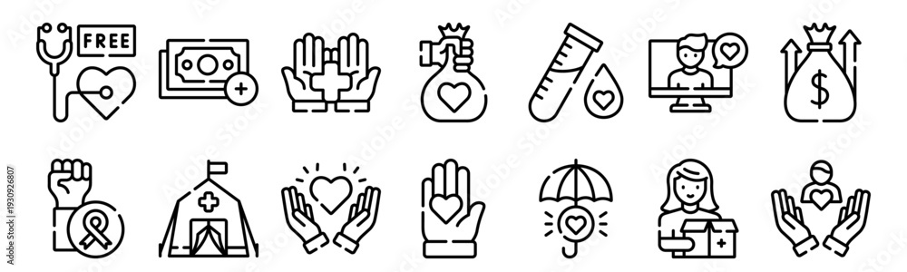 Fototapeta premium Set of 14 kindness and charity thin line icons including donation, support, medical check, emergency, health insurance, payment, give heart. Vector outline style