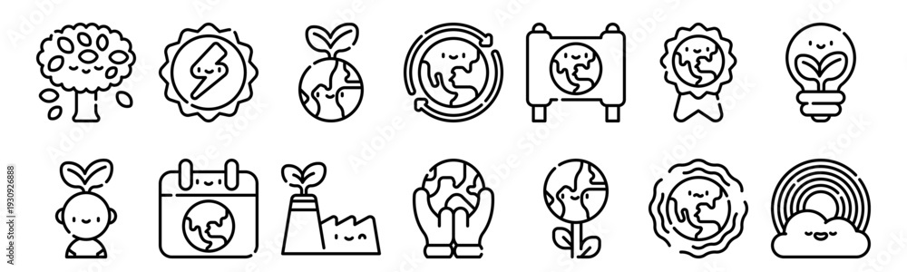 Fototapeta premium Set of 14 earth day ecology thin line web icons: tree, solar energy, eco factory, save planet, green earth, renewable energy, environmental conservation vector