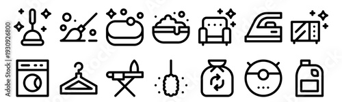 Set of 14 cleaning housework thin line icons: plunger, washing machine, mop, clothes hanger, ironing board, washing dishes, duster, trash. Outline vector web symbols