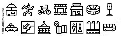 Set of 14 city life thin line web icons: kiosk, taxi, carousel, bridge, map, wc, traffic lights, street lights, coffee shop, bicycle. Vector outline illustration pack